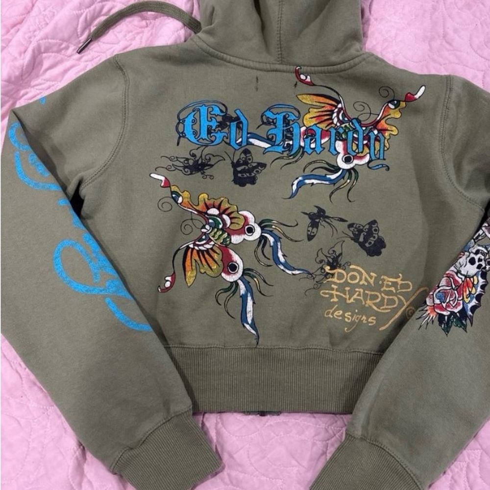 Ed Hardy Olive Hoodie with Colorful Graphics